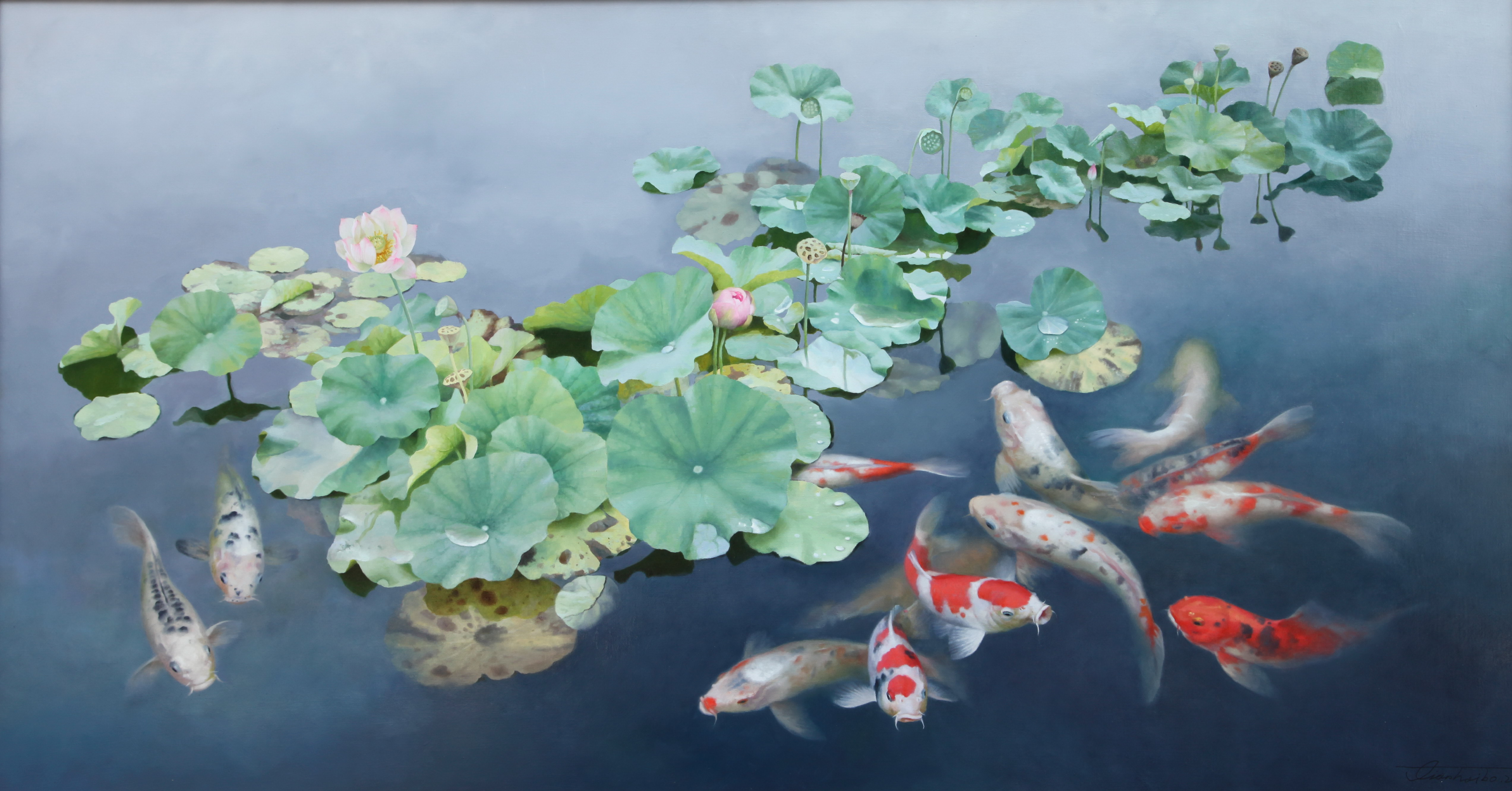 锦鲤系列(清莲)田海波原创油画作品  池塘里,荷叶如翠玉般碧绿,荷花