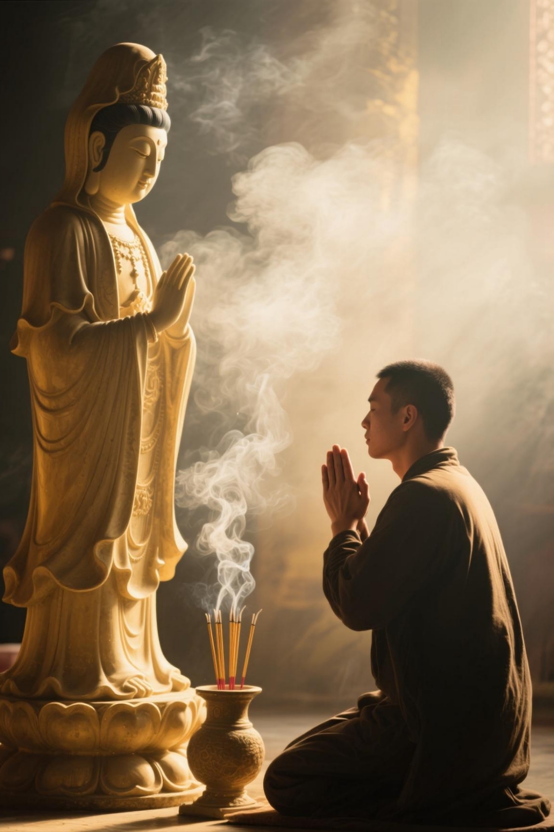 仰瞻慈相心生敬,合掌虔诚念意真. 大士寻声常救苦,凡人向佛每求仁