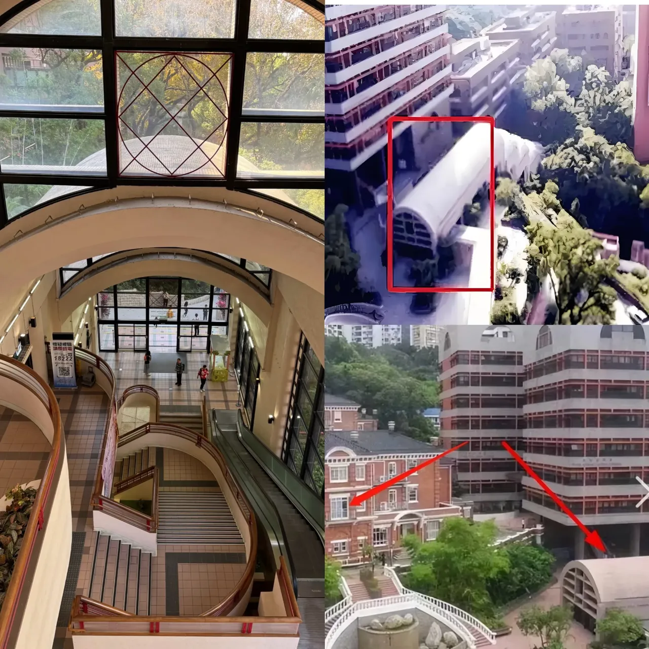 电梯只能上不能下的设计,楼前的3股喷泉,香港大学棺材楼庄月明楼图片