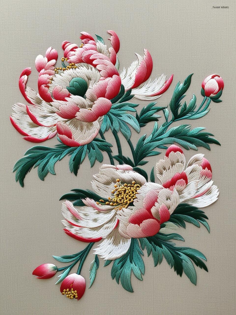 这朵牡丹绣得活色生香,针线间流淌着春日的芬芳