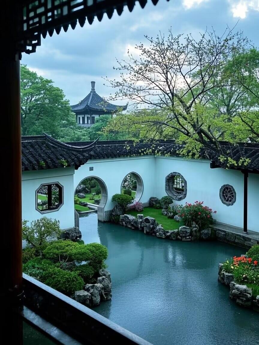 秀丽多姿的江南园林,烟雨蒙蒙中,共赏春色满园,情意在花影间悄然绽放