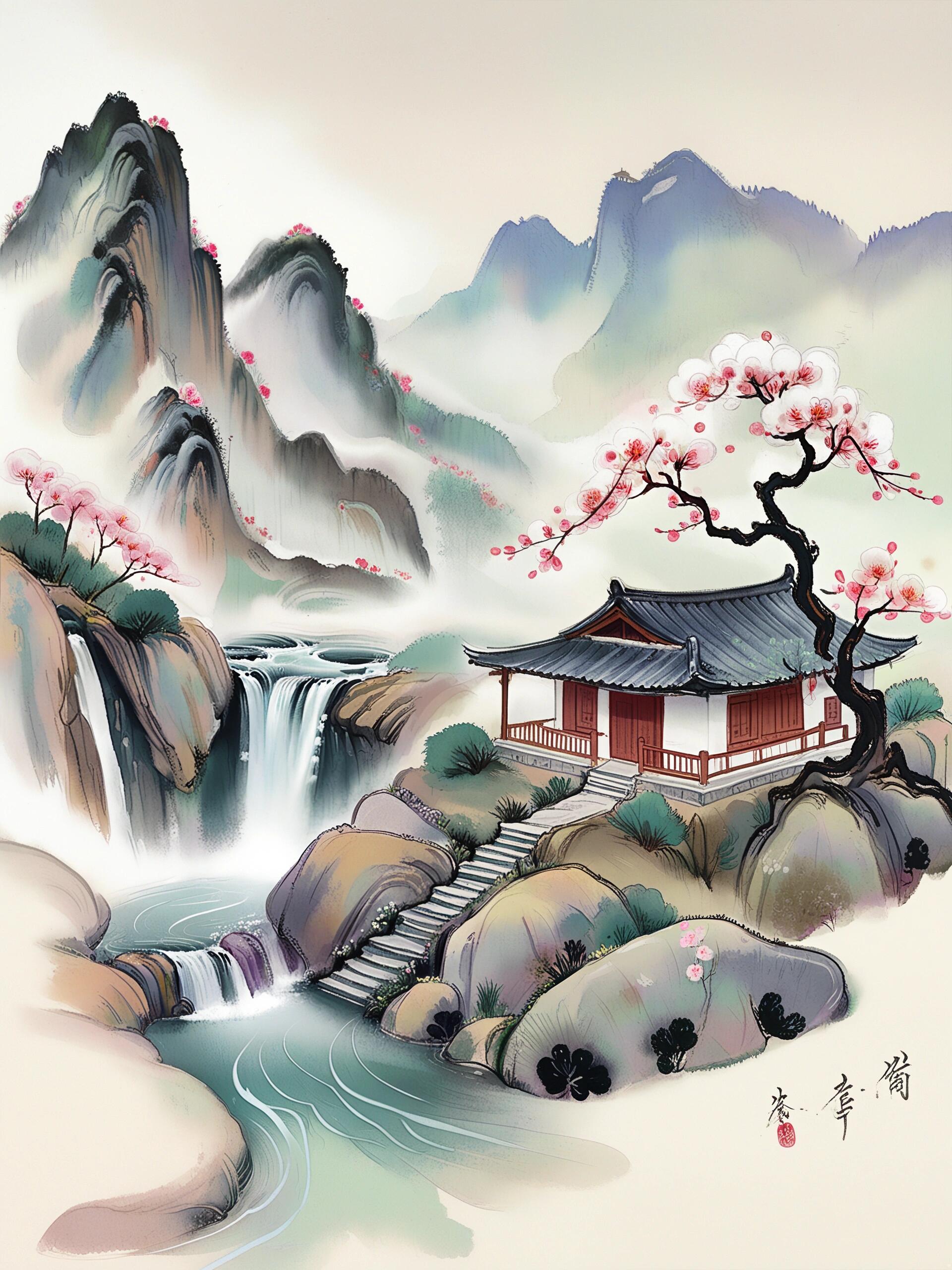 哇,这山水画中的古风建筑太美了,仿佛能听见瀑布的声音,真想在这样的