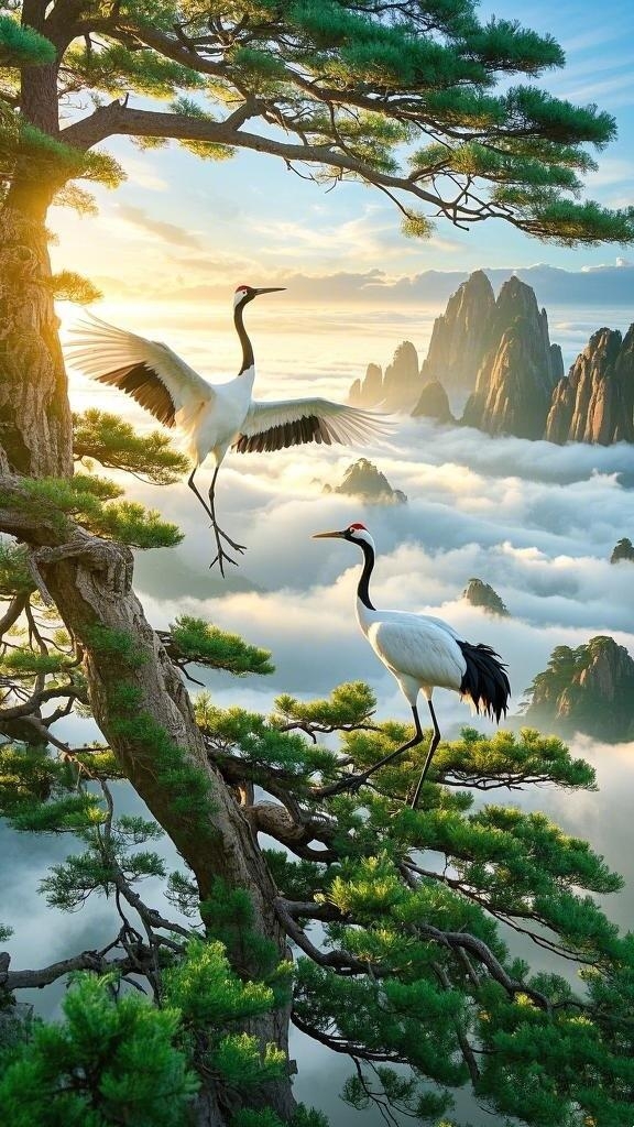 于云海之巅,旭日初照,那对仙鹤相依相偎,其情深意切,仿佛时光在那温柔