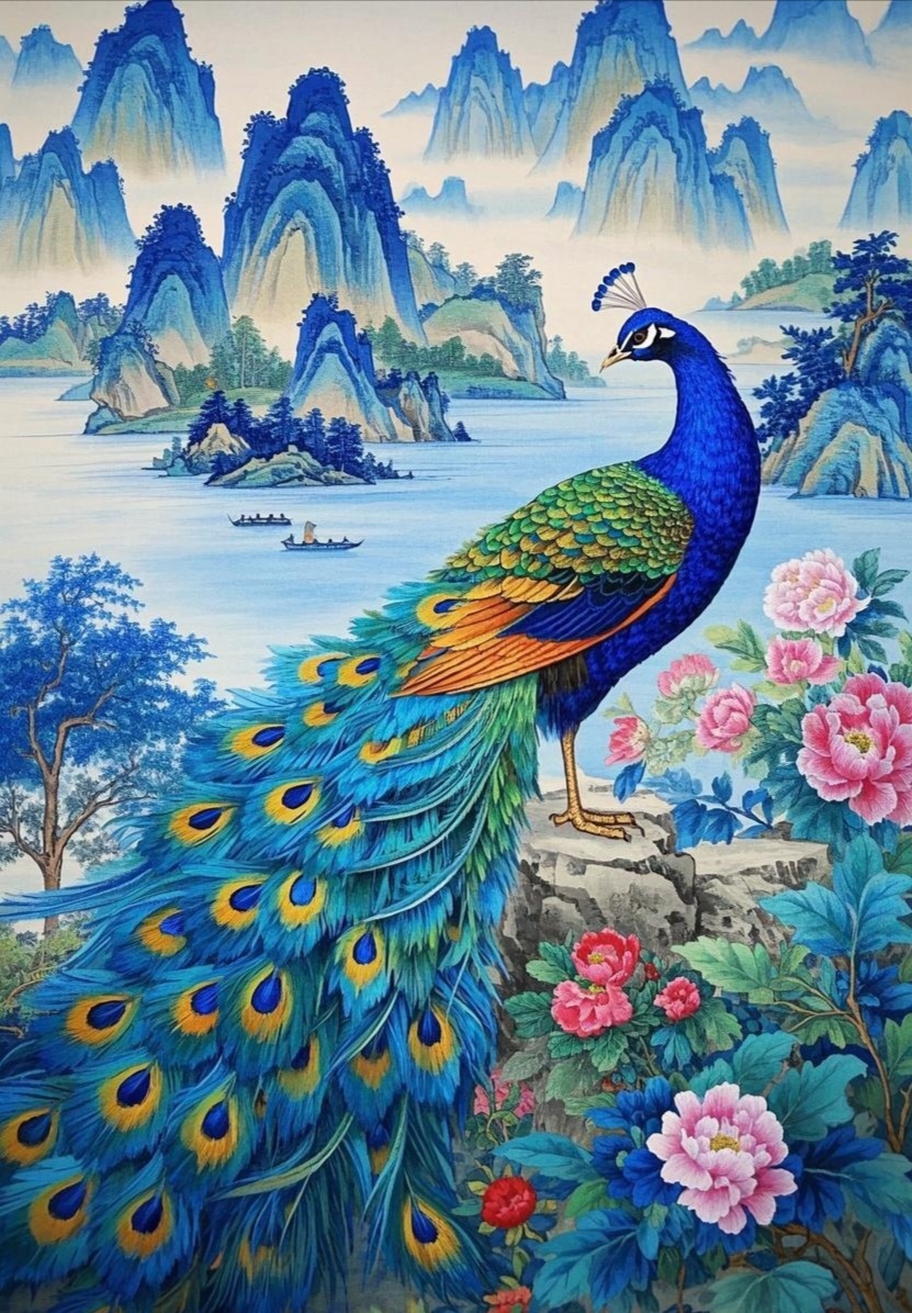 那画中孔雀,宛若飞越仙境的精灵,欲展翅于蔚蓝天际,穿行于墨染山峦间