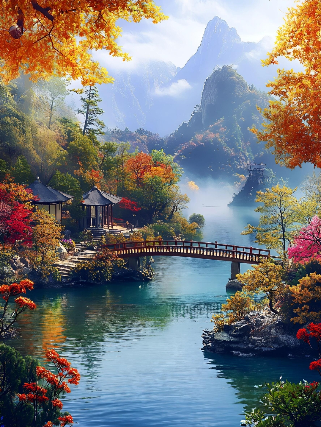 哇,这湖光秋色也太美了吧,感觉自己就像走进了某个古风动漫的场景里