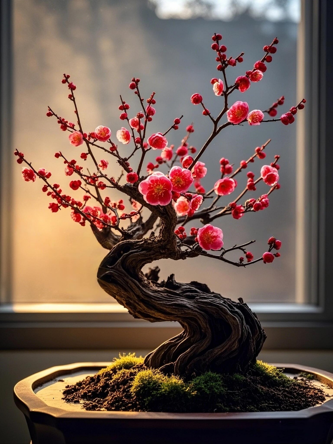 这是一盆红梅树盆景,真是冬日里的一抹亮丽风景,温暖人心