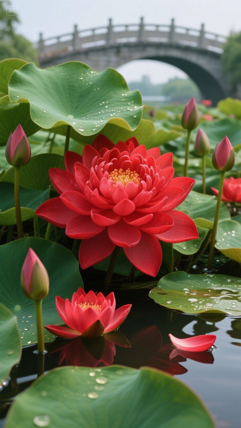 哇,这池塘里的荷花也太美了吧,吉五,快来一起赏花呀!