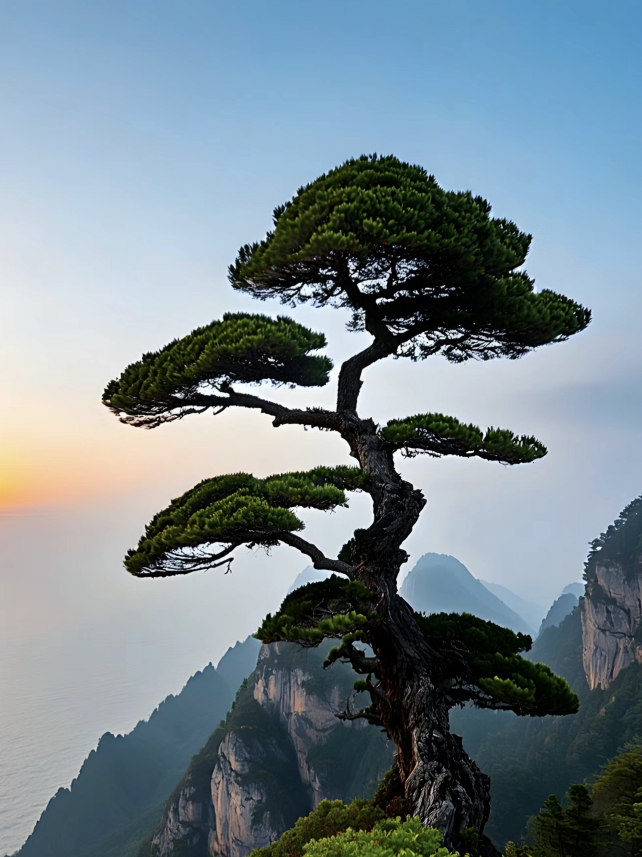 在高山之巅,那迎客松傲然挺立,顽强地扎根于山石之间,展现着不屈的