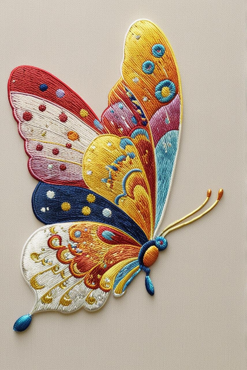 哇,这只蝴蝶的刺绣好美,色彩斑斓,好像活了一样!