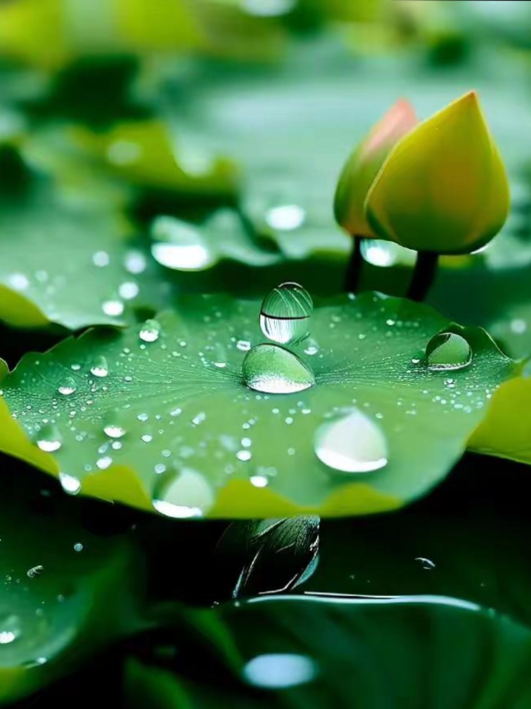 清晨,雨后的荷叶上,晶莹水珠如珍珠般滚动,生机勃勃.