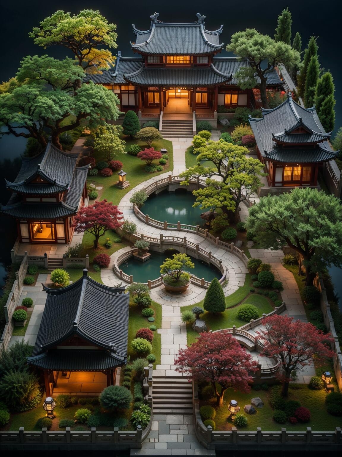 哇,这古风庭院太美了,仿佛穿越到了古代,灯光下的水面波光粼粼,真是美