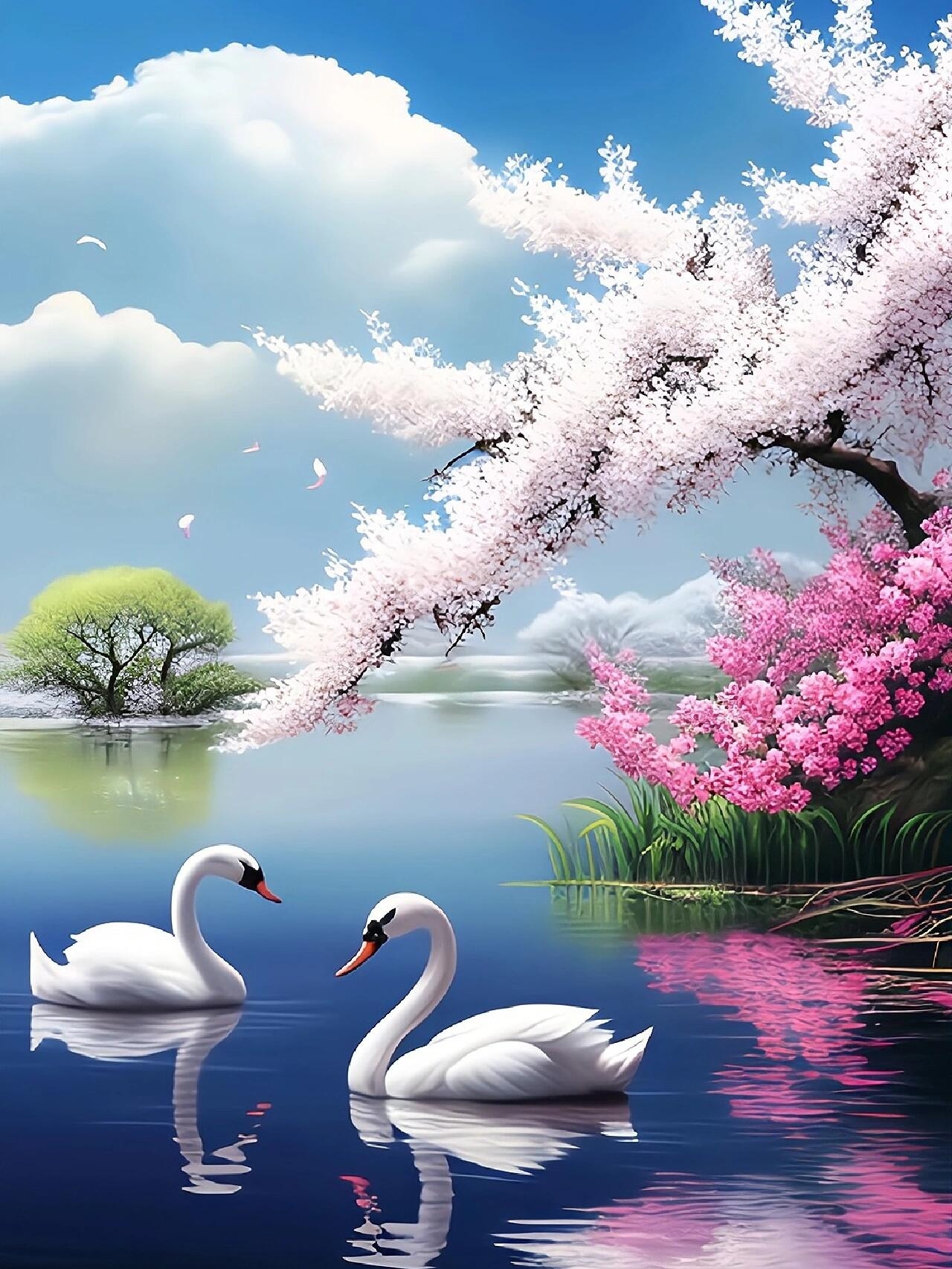 天鹅优雅地划过碧波,一片花瓣悄然停驻你肩头,时光在此刻凝成永恒