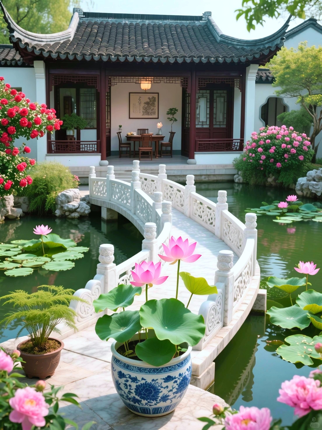 哇,这小院的池塘也太美了吧,感觉自己置身于江南水乡,心情都变好了呢!