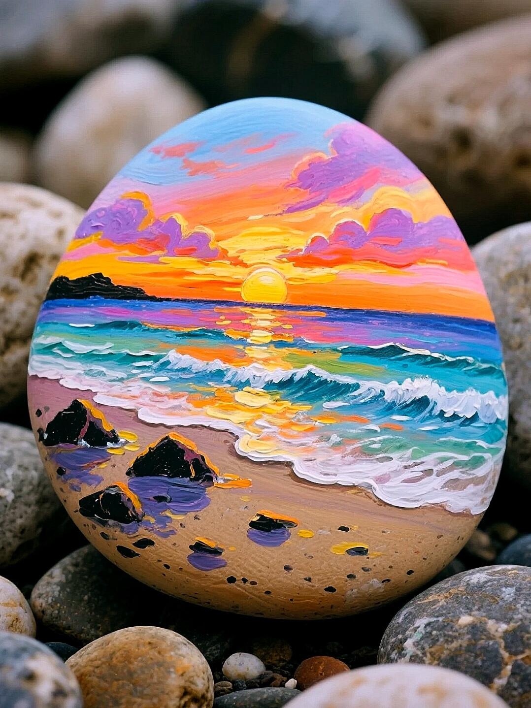 哇,这颗彩绘鹅卵石美得像艺术品,让人仿佛置身于那片绚丽的日落海滩!