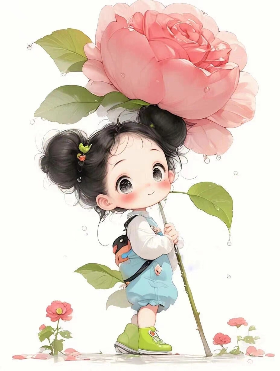 "带着超大把的鲜花,小女孩踏着春光而来,小女孩把鲜花放在身后,与这