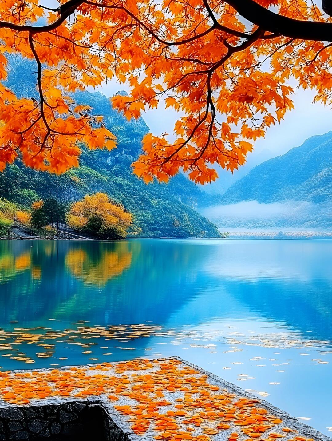 湖边的秋叶,美得让人心醉,仿佛走进了油画里