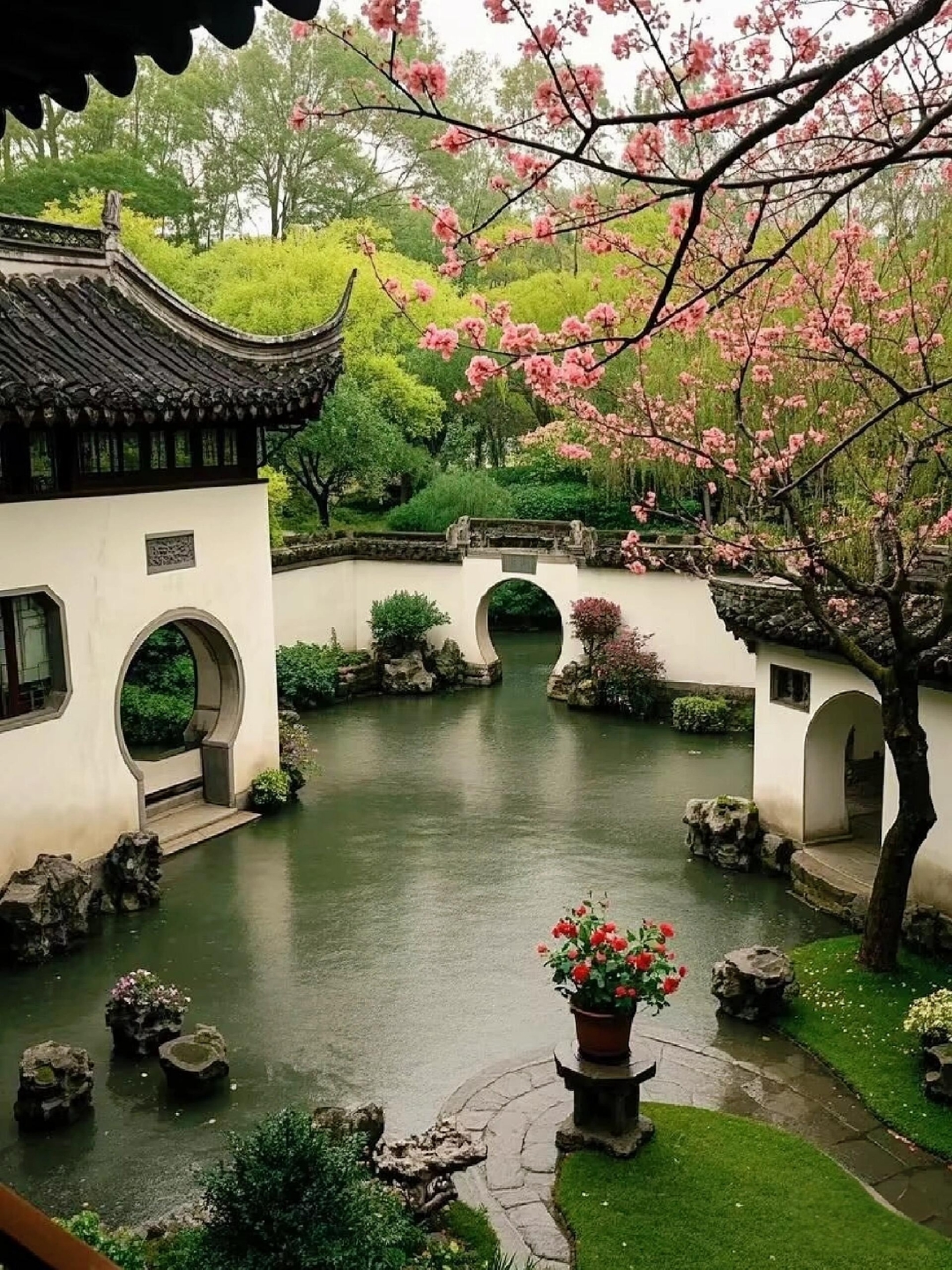 秀丽多姿的江南园林,烟雨蒙蒙中,共赏春色满园,情意在花影间悄然绽放