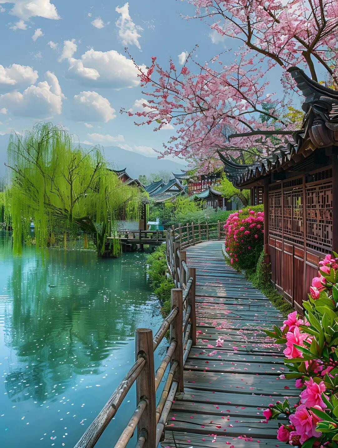 徜徉江南春景中,柳絮悠然落水乡.微风轻吻桃花面,游人沉醉画中央