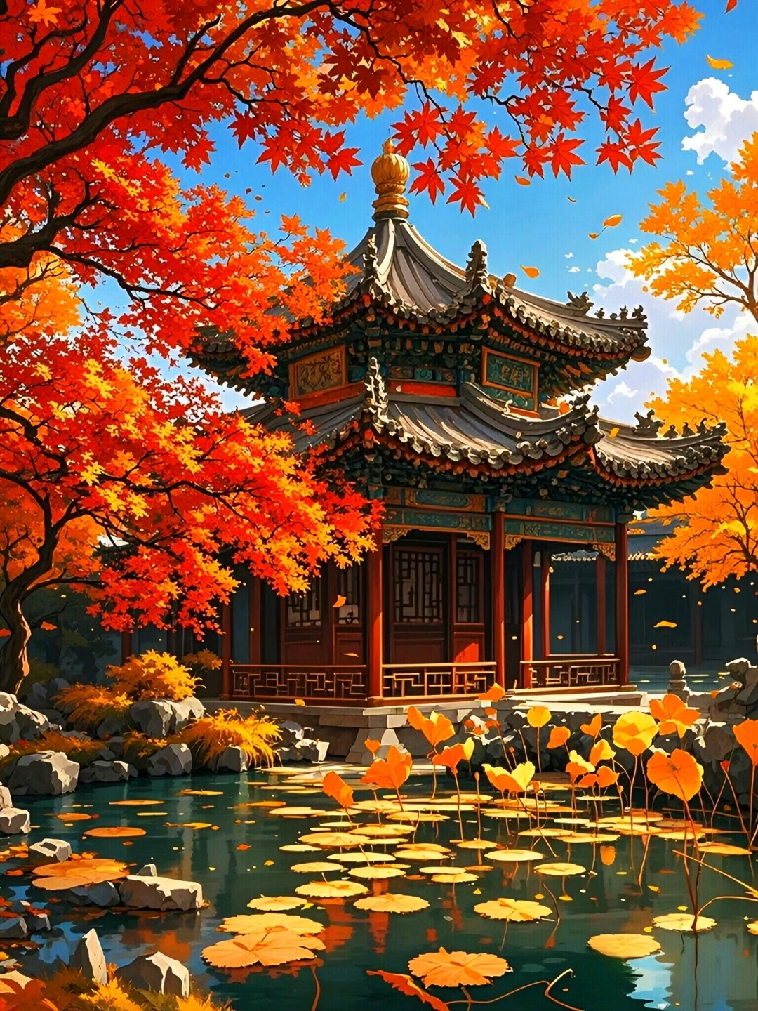 哇,这秋天的亭子美翻了,古风古色的,池塘里的荷叶都落光了,只有几片