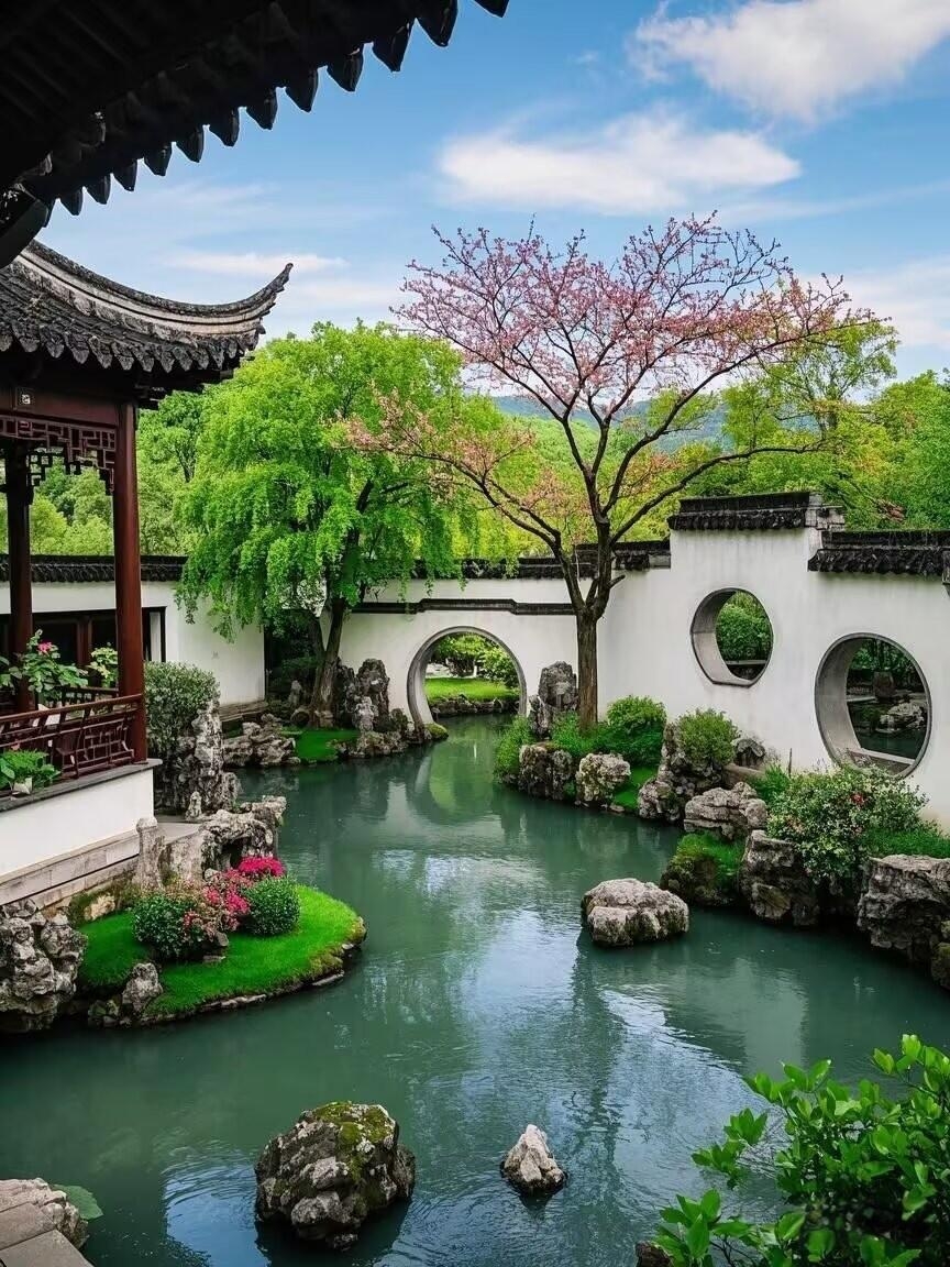 秀丽多姿的江南园林,烟雨蒙蒙中,共赏春色满园,情意在花影间悄然绽放