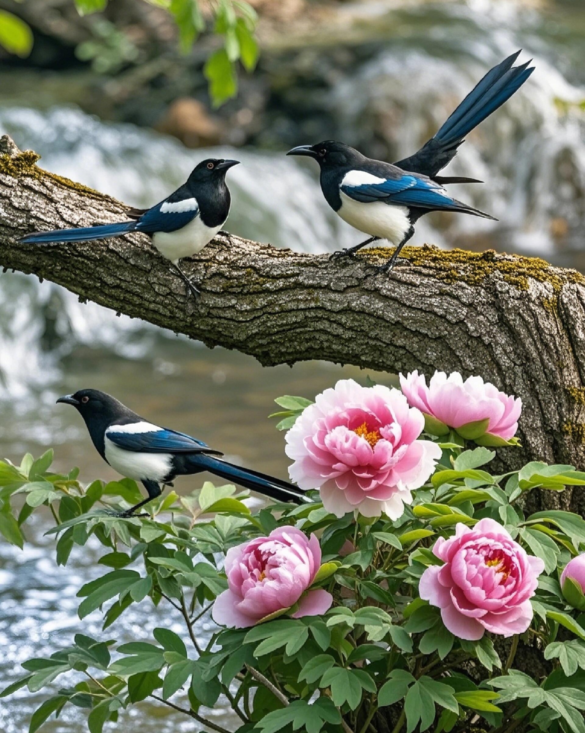 在绚烂阳光的轻吻下,小喜鹊在花枝间欢快地交谈,那画面仿佛是大自然最