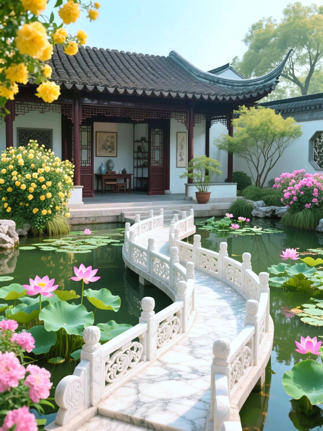 哇,这小院的池塘也太美了吧,感觉自己置身于江南水乡,心情都变好了呢!