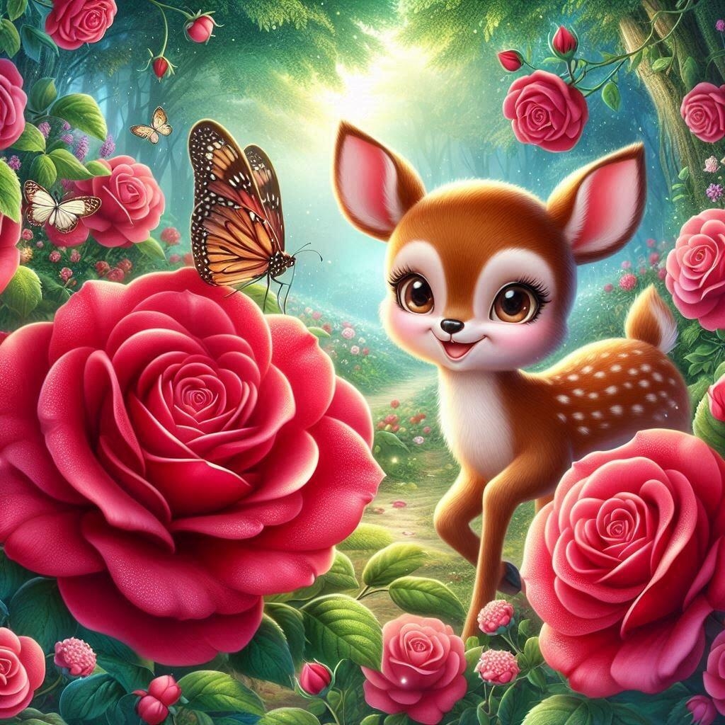 哇,这幅画中的小鹿真可爱,它手里拿着一朵大玫瑰,周围都是粉嫩嫩的