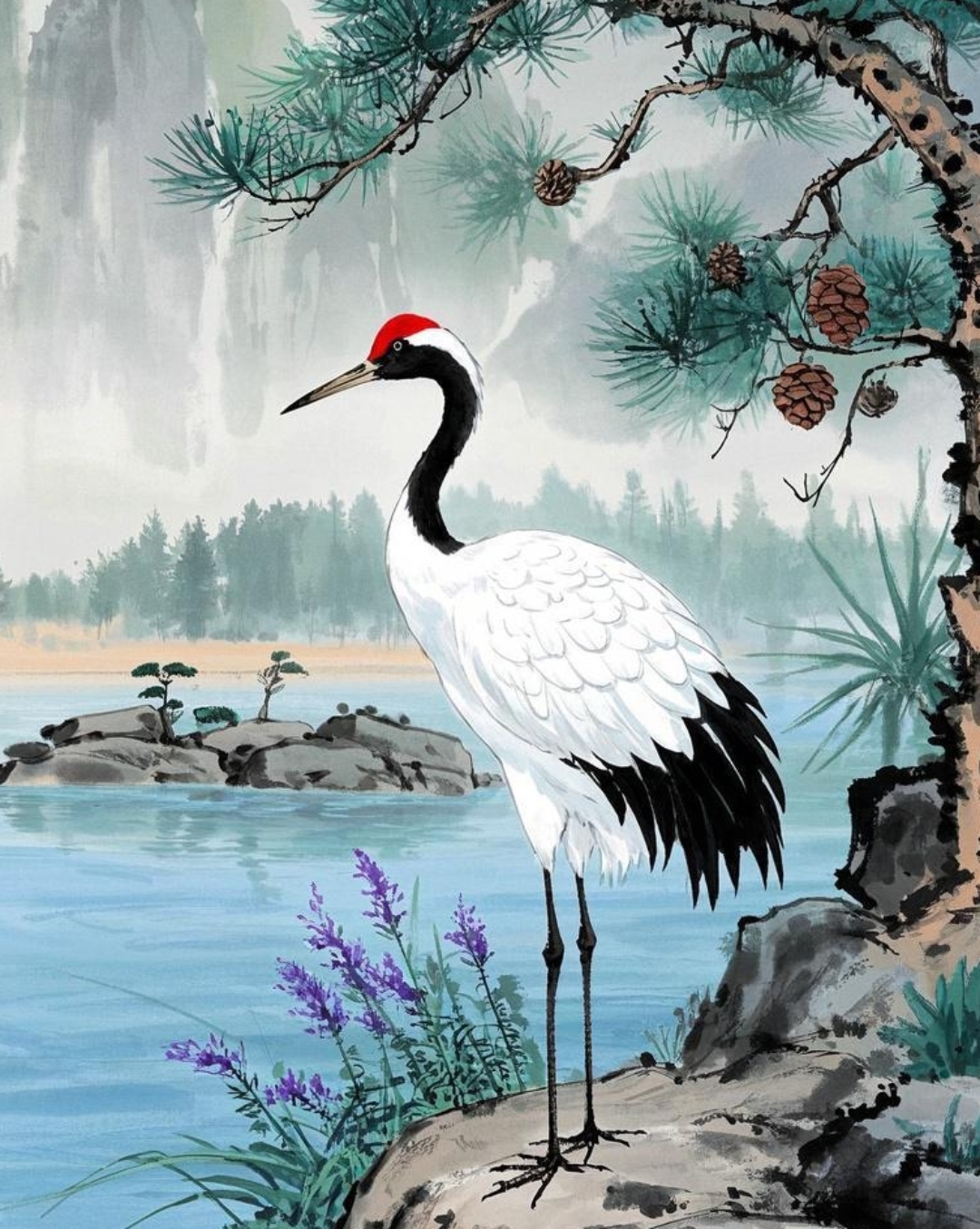 哇,这幅画中的仙鹤好优雅,站在湖边的岩石上,周围是美丽的松树和鲜花