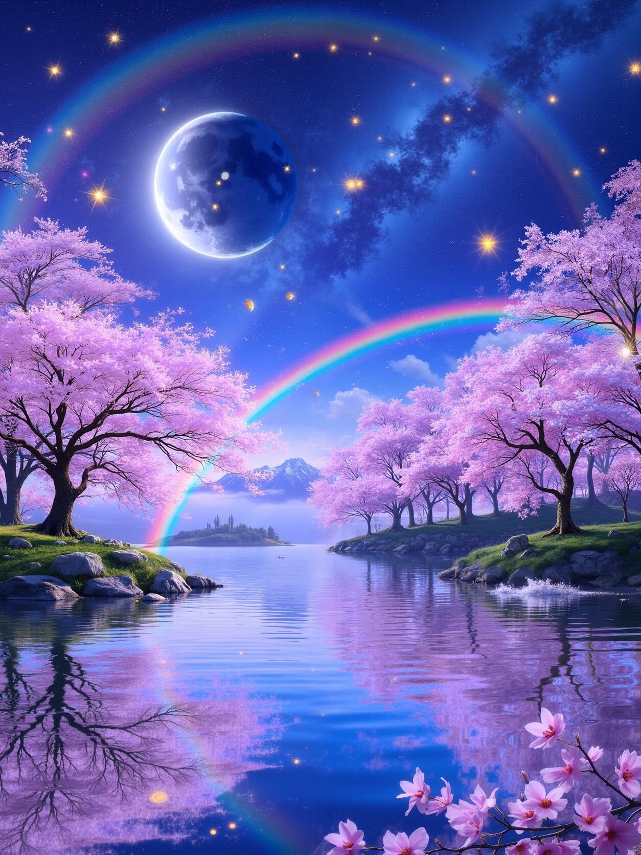 夜空真美,月亮和星星都亮晶晶的,还有一道彩虹挂在湖面上空,樱花树下