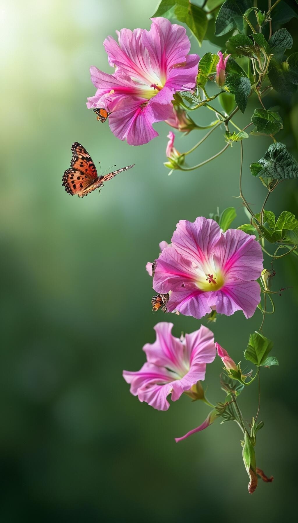 一只美丽的蝴蝶在粉色的花间起舞,好像在说:"这花开的,真让人心动!