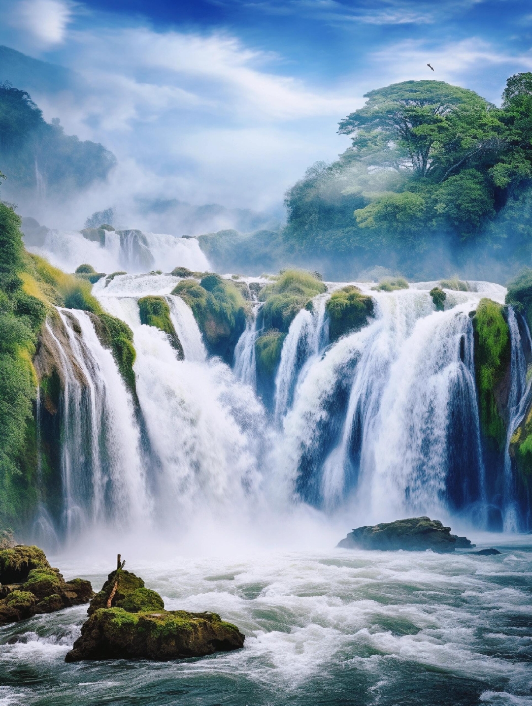 画面以雄伟的雪山,碧绿的湖泊,飞流的瀑布及绝美瀑布风景有太阳大瀑布