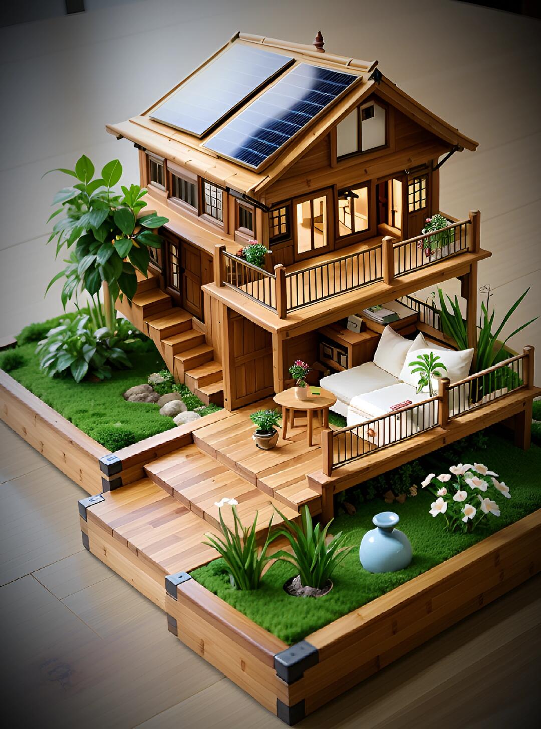 哇,这木屋模型也太精致了,阳台上的小桌椅,屋顶的太阳能板,还有周围的