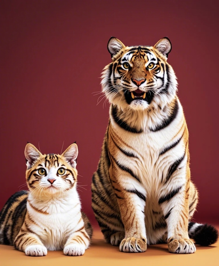 这是一只大老虎和虎皮猫的合影,具传猫是老虎的师傅,猫把一身夲领都教