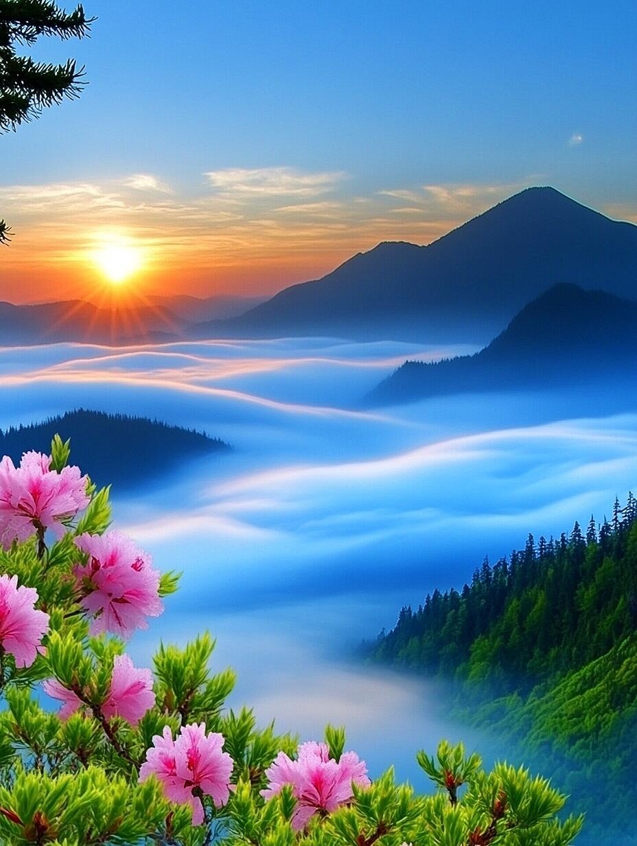 晨曦微露,云海翻涌着金色的波涛