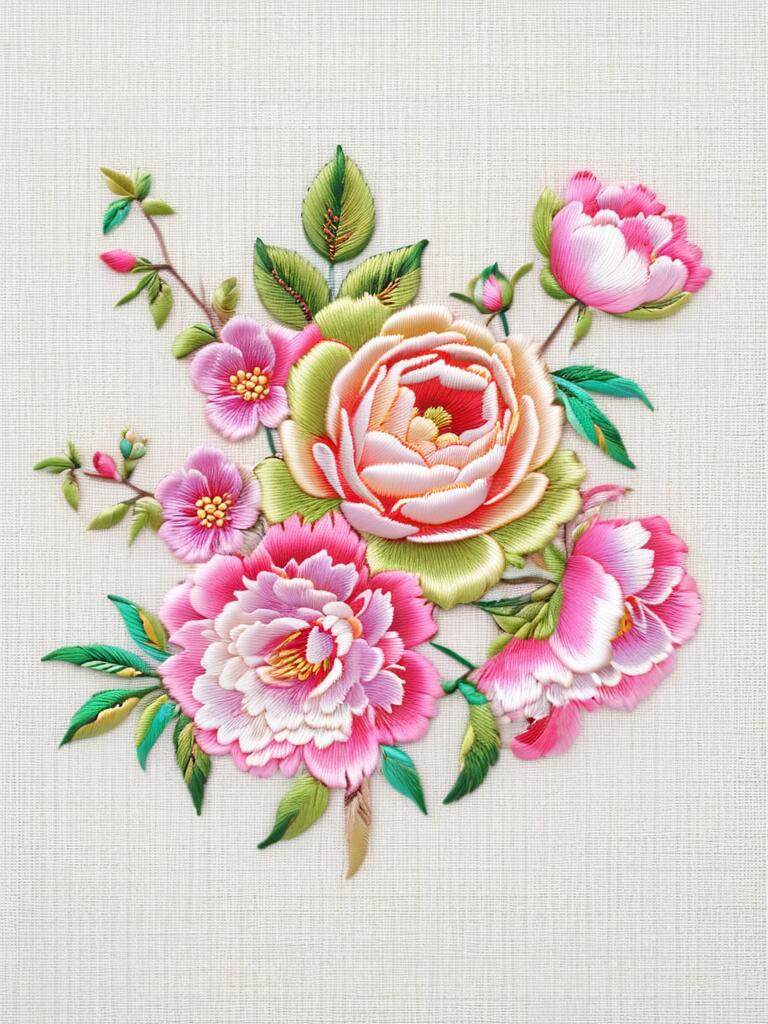 这幅花卉刺绣作品,用清秀的基调,将花儿搬上的白色