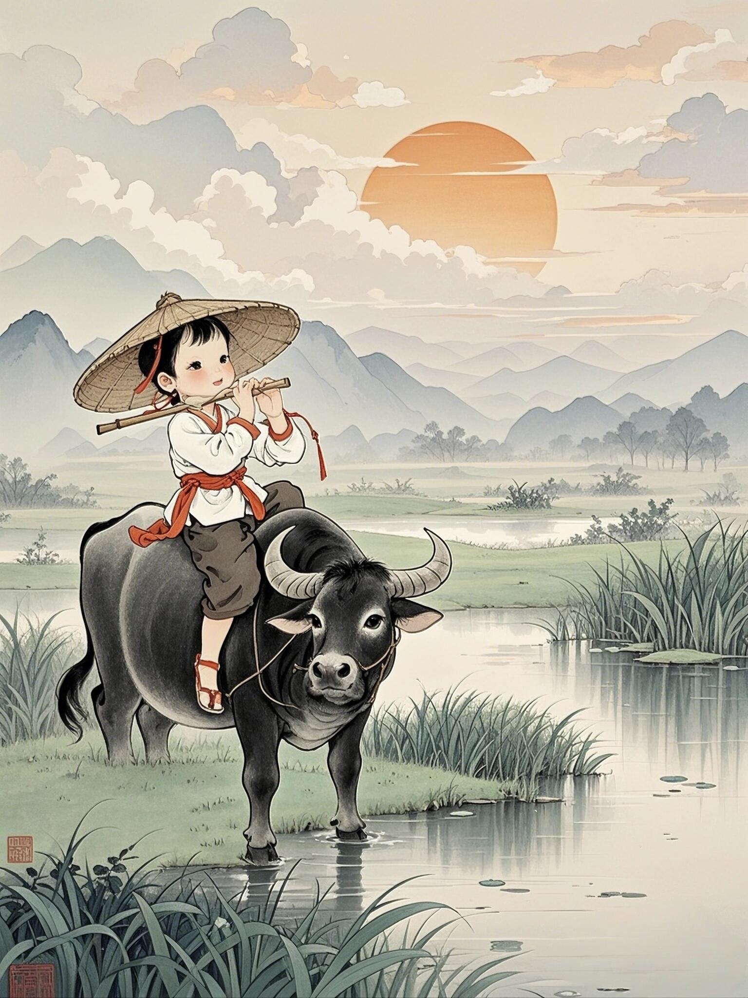 骑牛看夕阳,笛声随风扬.牧歌飘远处,心境悠然享宁静
