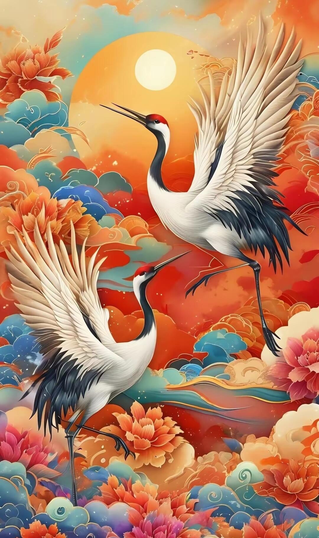 在夕阳的余晖中,那两只仙鹤翩翩起舞,仿佛是天空中的浪漫舞者