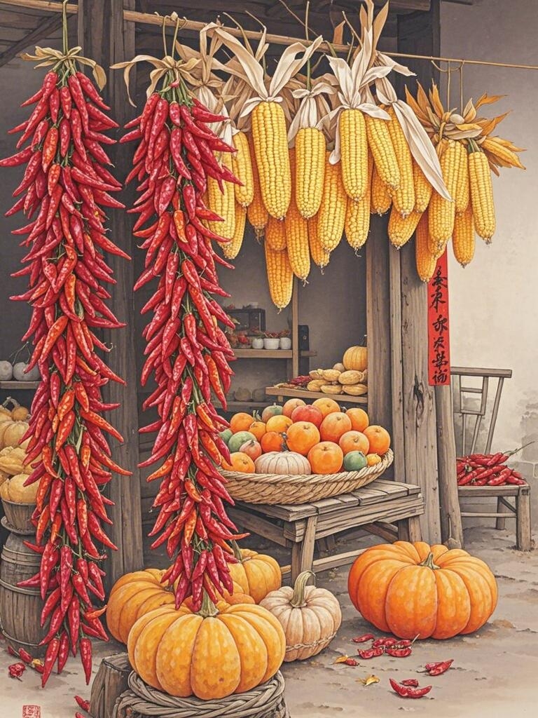 秋天的丰收小院,长长的红辣椒和金黄玉米,满满的农家乐!