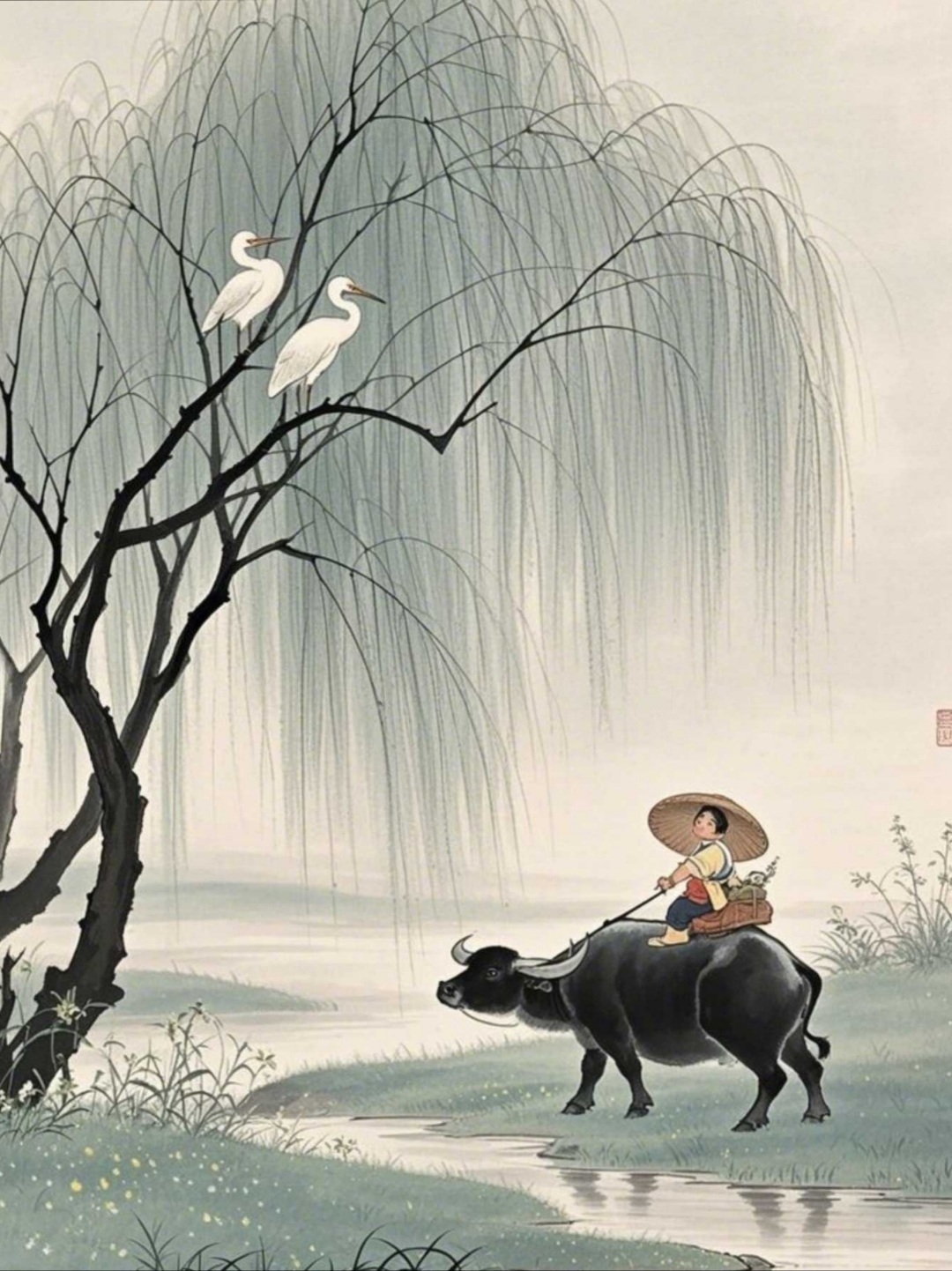 一位少年骑在温顺的水牛背上,柳荫下,春日的梦幻轻轻摇曳