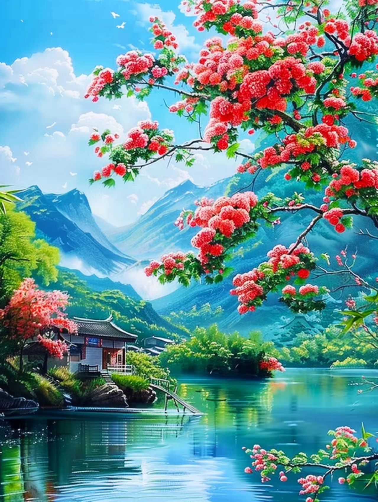 青山翠欲滴,红花竞艳放,宛如人间仙境,美不胜收.