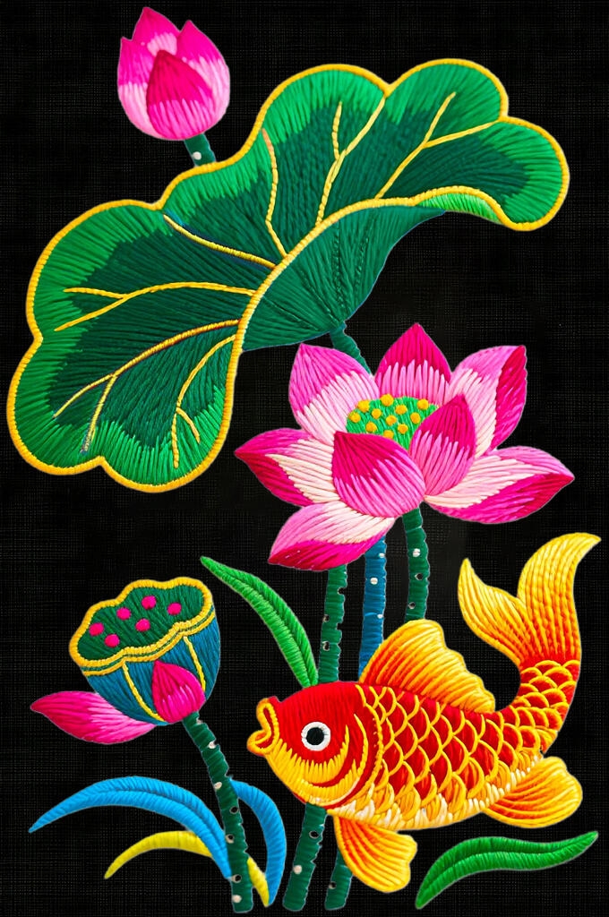 热点引擎鱼刺绣金昌绣花图案小鱼俯视刺绣刺绣图案鱼水涟漪刺绣鱼