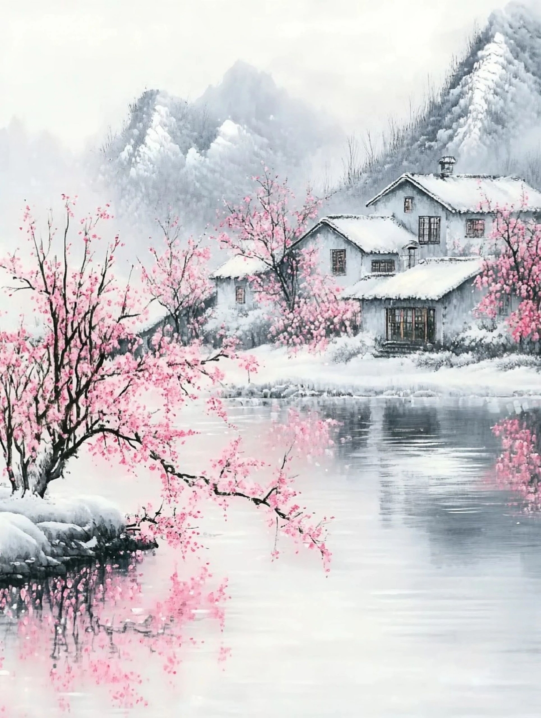 哇,这雪景太美了,湖边的梅花也开得正好,真想在这样的房子里过冬呢