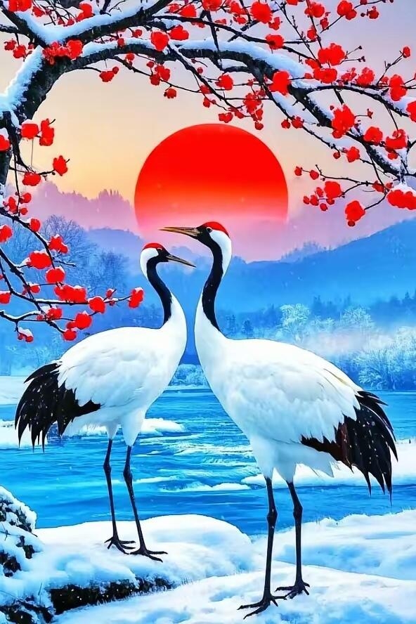 哇,这夕阳下的雪景真美,两只仙鹤在湖边相望,好像在