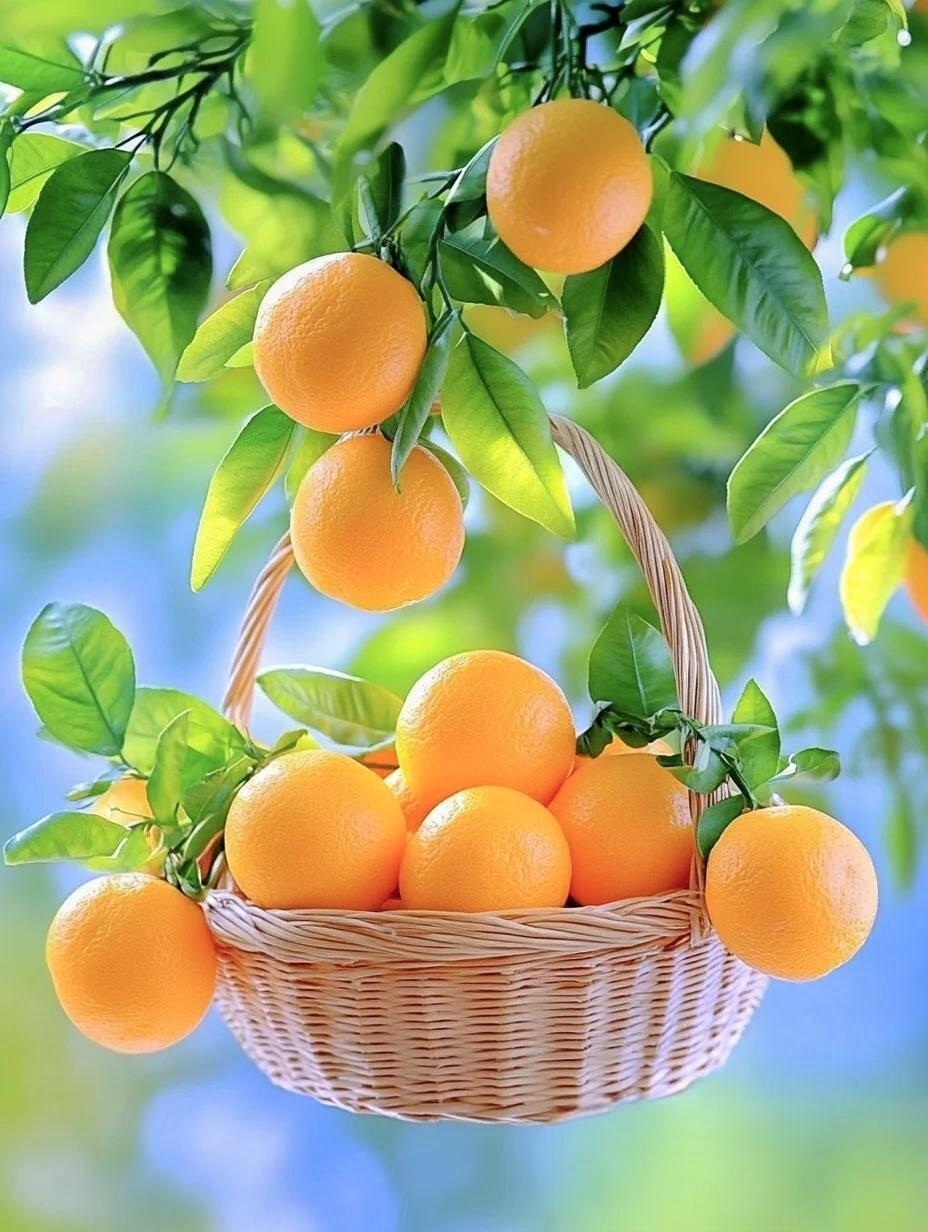 哇,这篮子橙子也太诱人了,我要去摘几个尝尝鲜!
