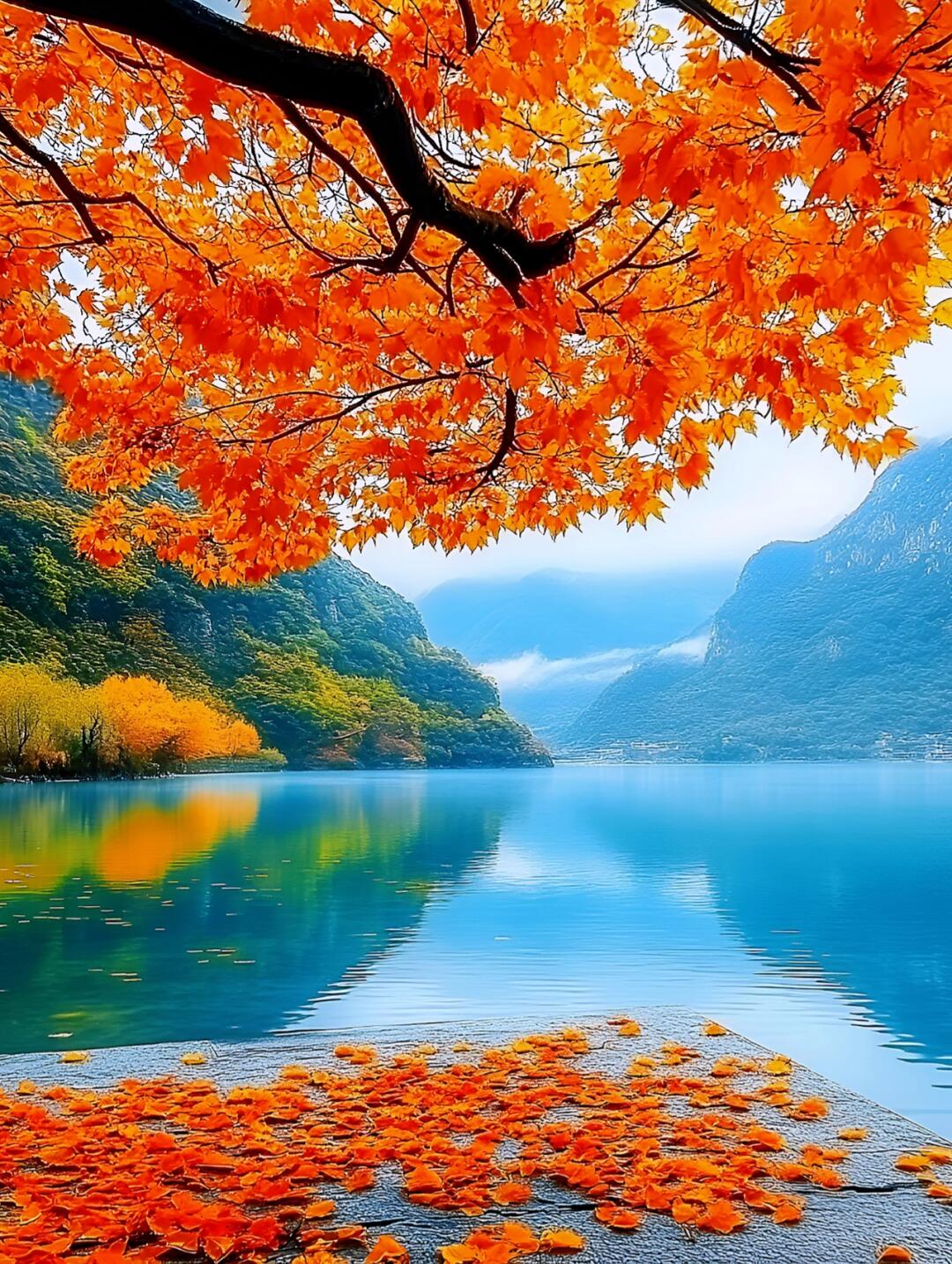 湖边的秋叶,美得让人心醉,仿佛走进了油画里
