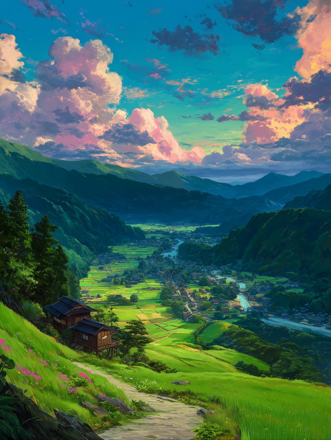 落樱随风起舞,蜿蜒小径引向幽谷深处,似在低语着未诉的故事