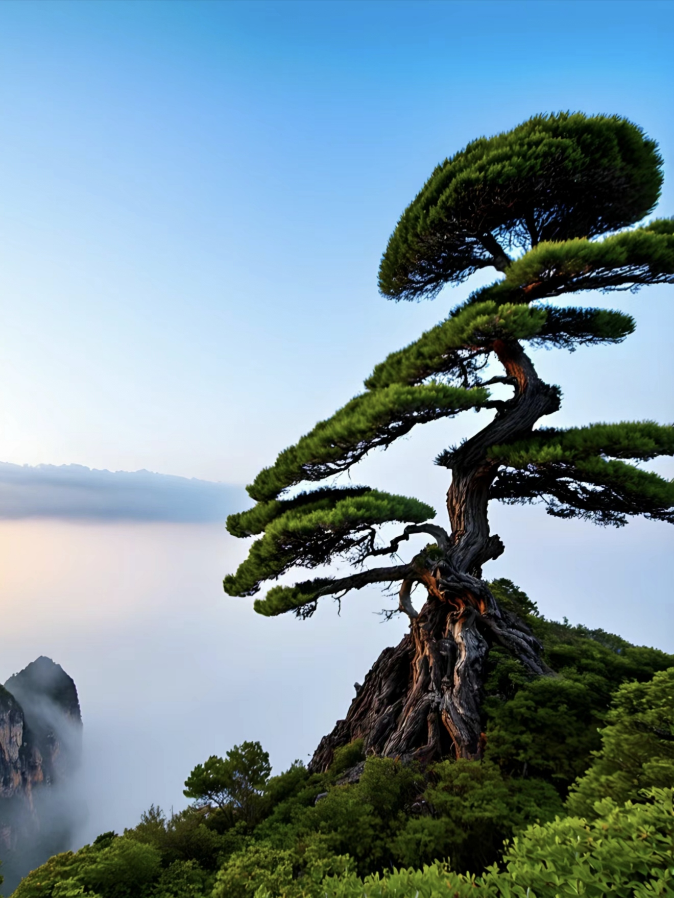 在高山之巅,那迎客松傲然挺立,顽强地扎根于山石之间,展现着不屈的