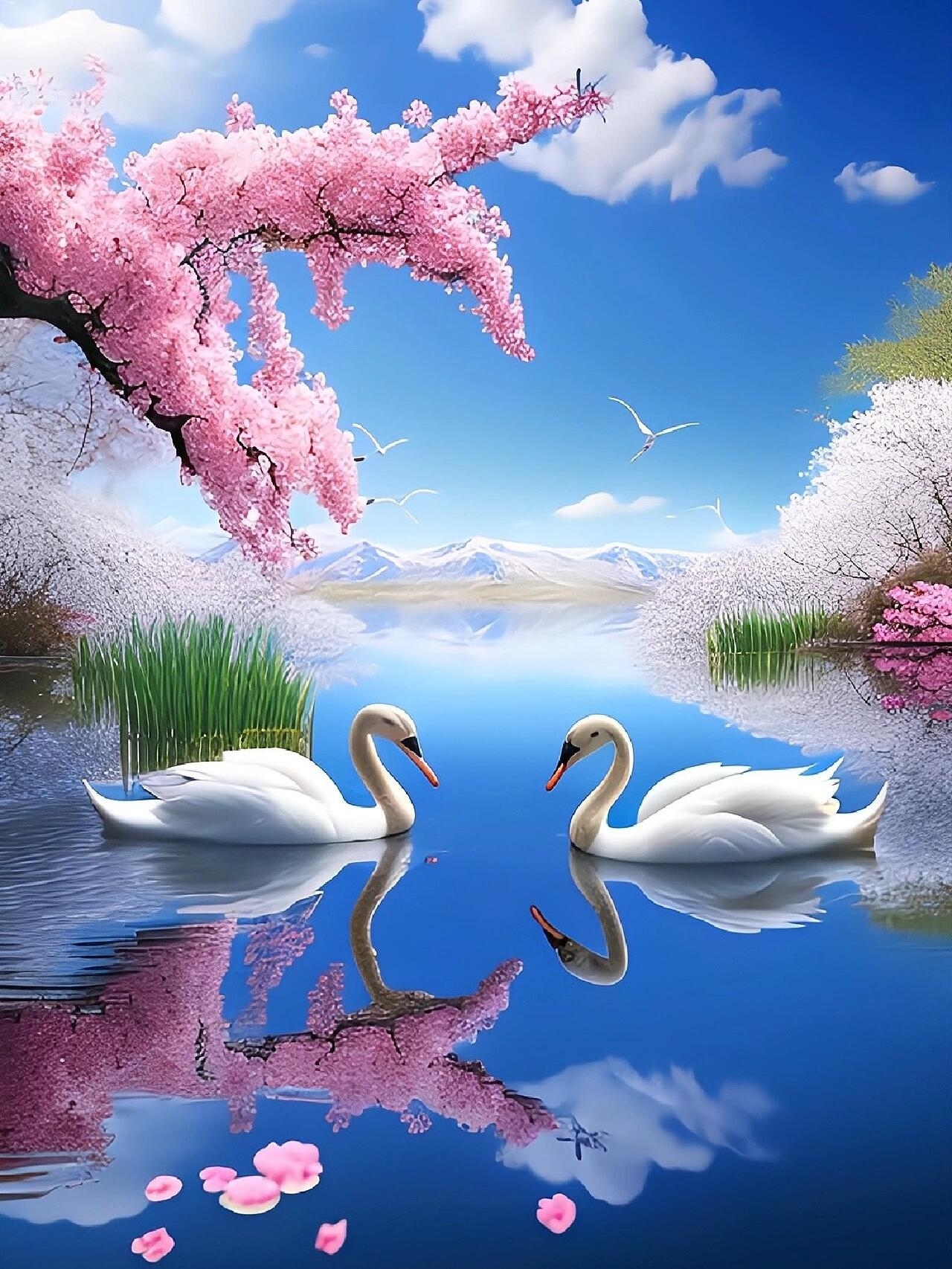 天鹅优雅地划过碧波,一片花瓣悄然停驻你肩头,时光在此刻凝成永恒