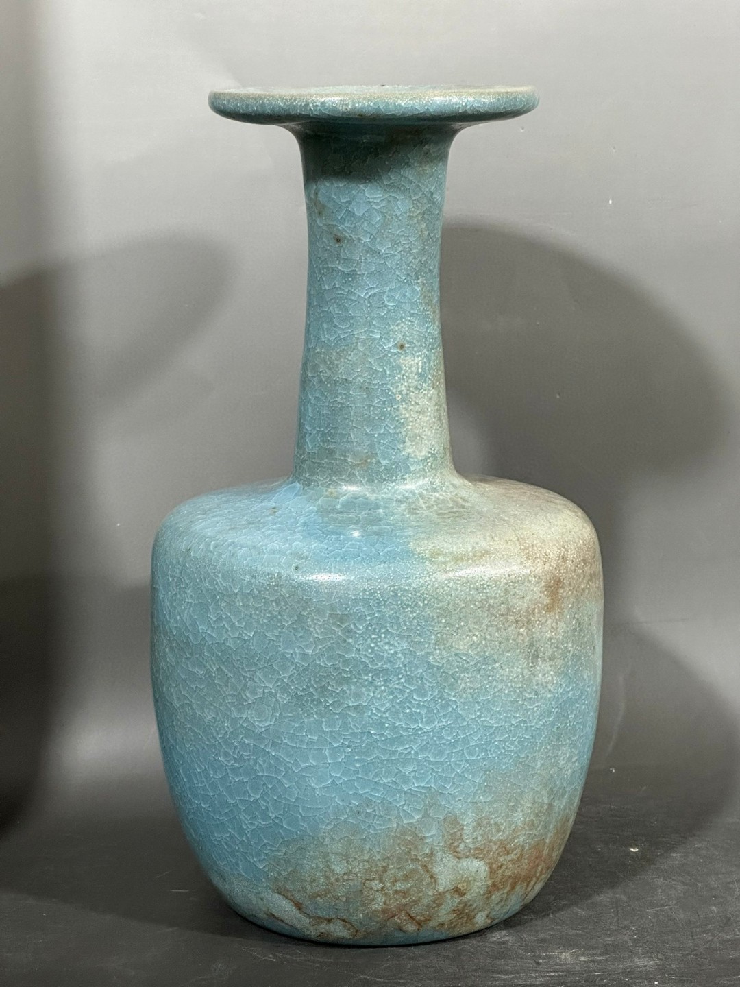 汝窑天青釉冰裂纹盘口瓶,高23.