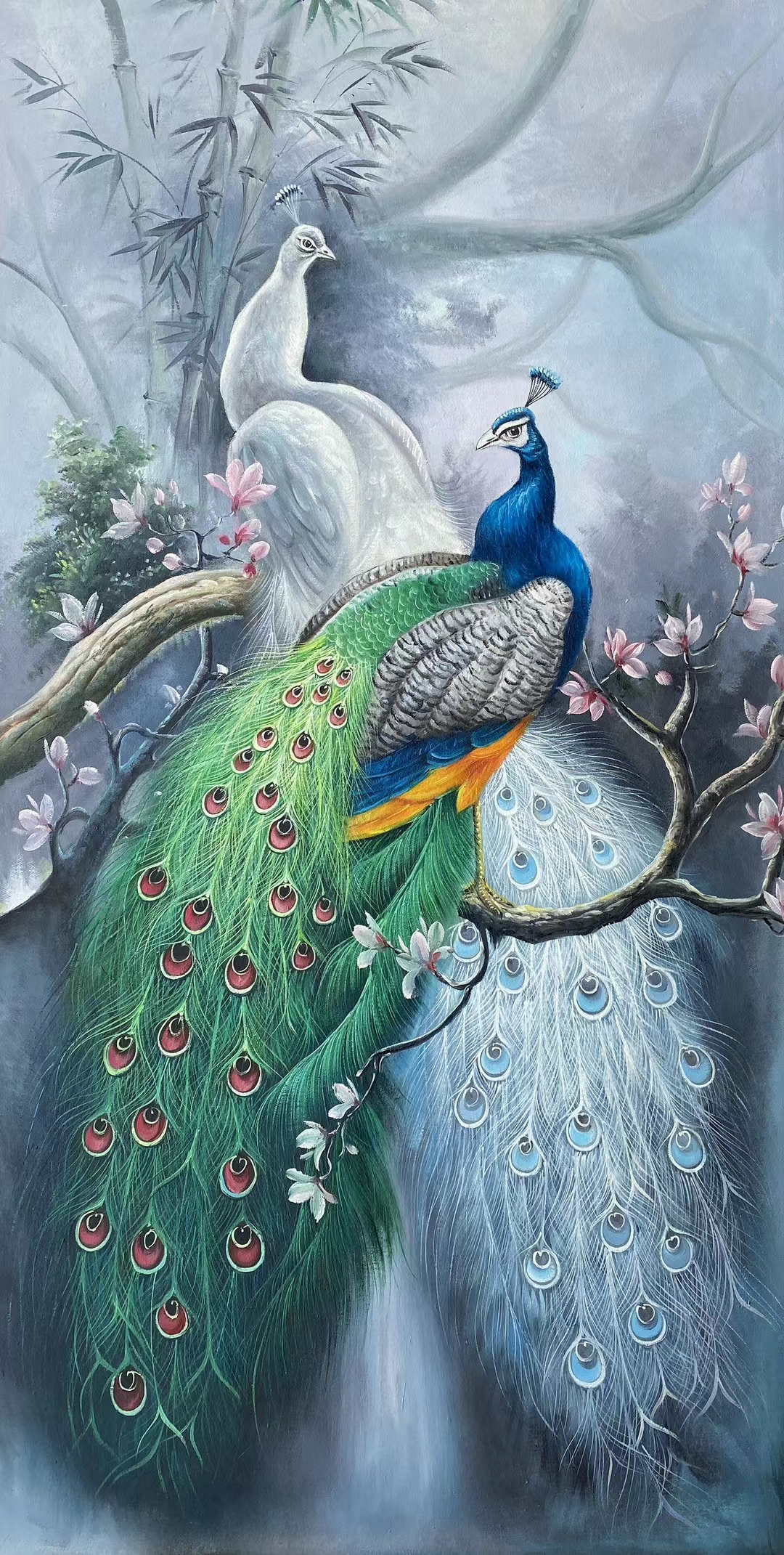 手绘厚彩写实玄关中堂油画《蓝孔雀》,规格120*60